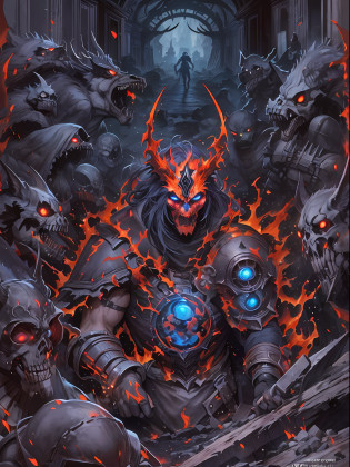 Hombre grande,marcas y simbolos por el cuerpo,pelo largo y  lanco,capucha roja,Espada gigante de almas en pena,oscuro,almas,guantes demoniacos,armadura masiba,armadura de almas en pena,demonio, Fuego, caballo infernal de fuego y lava,ojos rojos,ojos azules brillante, infierno, apocalyptic,fin del mundo, Lado oscuro,ruina, guerra, Darksiders , ERA (Darksiders), obra dearte,guerrero,enviado del infierno,Horseman of the Apocalypse,muerte,sangre,destruccion,hambre,lucha,furia,ciudad debastada,edificios en ruinas,calles destruidas,pobo y particulas en el aire