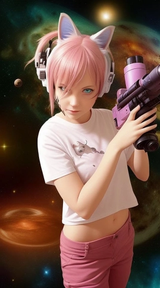 Catgirl with a blaster, space