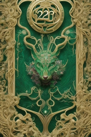 emerald number"2023" with ornate floral and botanical details, intricate, high details, art nouveau, dark background, octane render, 35 mm --q 2