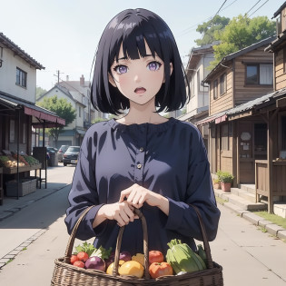 A middle-aged aunt in a blue shirt with short dark blue hair standing in front of a small town market with a vegetable basket in her hand (Happy 1.5) (Open Mouth 1.2) (Wrinkle 1.5) (Middle-aged Aunt 1.5) (Upper Body Display 1.5) (Village House 1.5 in the background) (Cinematic Light 1.5) (Master Masterpiece: 1.4), Hyper Detail, Blunt Bangs, purple eyes,Anime Style 4 K, Anime Rendering, Anime Style. 8k?