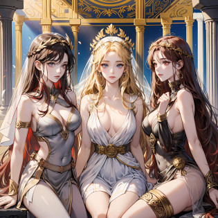 (Three Intimate Goddesses)is chatting happily in an ancient Greek temple??The first is the goddess of wild nature and hunting?With (((blonde  hair)))and(((blue eye)))?With fair skin?Is tall and slender, ?Showing off the perfect pair of long legs?Wearing {(very short:1.7)?(white, :1.5)?Sleeveless Greek chiton}?(Wearing a golden circlet)?? ?The second is the goddess of war and wisdom?With ((dark black hair))and((gray eyes))?With fair skin?Is tall and muscular?Wearing ((Golden Armor)), Putting on a ((Corinthian helmet))???The third is the goddess of Hearth and fire?With ((Dark red hair))and((dark red eyes))?With fair skin?Wearing (long?white, ?Sleeveless Greek toga), (Putting on a veil)??Greek mythology? Mythological atmosphere?photorealistic?ultra quality?Ultra Detailed?Description of Super Hand?masterpiece, ?8K?HDR --auto --s2