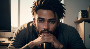 The 26-year-old black man is a talented YouTuber who is always looking to enhance his content and create even better videos for his channel. His face is full of personality and expressiveness, with well-defined features and a short, well-made beard that complements his modern and cool look.

His light brown eyes are piercing and convey mystery and suspense, essential characteristics for the themes he tackles on his channel. He's sitting at his desk, with a high-quality microphone in front of him, ready to record yet another video about scary and intriguing stories.

As he works, he takes small sips from his cup of coffee, which is of better quality, keeping himself alert and focused on its contents. The illustration of his video is impeccable, with vivid and vibrant colors that help create an atmosphere of terror and suspense.

The shadows on your face and in your work environment are perfectly balanced, creating a tense and mysterious atmosphere that is characteristic of its content. He is a dedicated and talented YouTuber who strives to create quality content that keeps his audience always entertained and eager for new videos