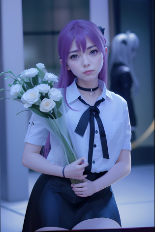 There was a purple-haired woman holding a bouquet of flowers, Anime girl cosplay, Shot on Canon EOS R 6, Ayaka cosplay, Anime cosplay, professional cosplay, cosplay, full-cosplay, cosplay foto, Anime girl in real life, rpgmaker, realistic cosplay, Look at the audience?Works of masters?Light?color?