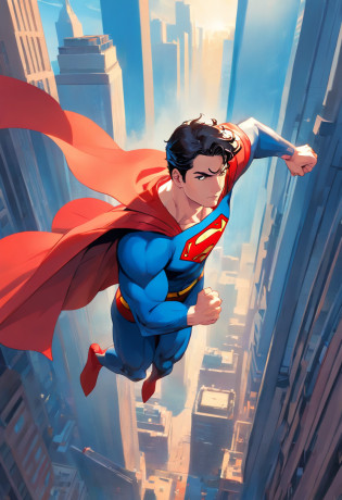 A muscular, powerful Superman in a dynamic flying pose, with a confident and determined expression on his face. His iconic red and blue superhero costume is highly detailed, showing the textures and contours of the fabric. The vibrant colors of the costume, including the bright red cape flowing behind him, create a striking visual impact. The symbol of the House of El, the iconic Superman emblem, is prominently displayed on his chest.

The artwork has a medium of comic book illustration, capturing the essence of DC Comics' beloved character. The lines and shading are crisp and clean, giving the image a dynamic and energetic feel. It combines elements of traditional hand-drawn artwork with digital coloring techniques, resulting in a visually stunning piece.

While Superman takes center stage, the background features the iconic Metropolis skyline with its towering skyscrapers, all bathed in warm sunlight. The buildings are highly detailed, showcasing a mix of contemporary architecture and the classic art deco style that is synonymous with Superman's world.

The lighting in the artwork is dramatic, with sunlight casting strong shadows on Superman's muscular physique, emphasizing his strength and power. The use of highlights and shadows adds depth and dimension to the image, bringing it to life.

The color palette of the artwork is rich and vibrant, with bold primary colors dominating the scene. The red and blue of Superman's costume stand out against the warm tones of the cityscape, creating a visually captivating contrast.

Overall, this artwork is of the best quality, with ultra-detailed and realistic rendering. Every muscle and line on Superman's body is meticulously depicted, highlighting his physical prowess and superhero status. The attention to detail creates a sense of realism, making the viewer feel as if they are witnessing Superman's flight in person.

This prompt is suitable for creating a masterpiece inspired by the iconic superhero Superman, with a mascul