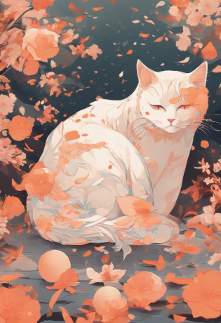 Obra maestra, La mejor calidad, Gato y bola de hilo, Gato jugando con bola de hilo, Detalles, warm colours, Falling peach petals around, Anime de gatos, Lindo
