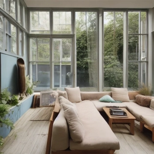 High resolution photography interior design, dreamy sunken living room conversation pit, wooden floor, small windows opening onto the garden, bauhaus furniture and decoration, high ceiling, beige blue salmon pastel palette, interior design magazine, cozy atmosphere; 8k, intricate detail, photorealistic, realistic light, wide angle, kinkfolk photography, A+D architecture