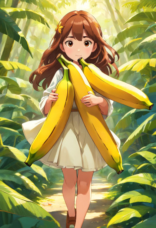 childrens illustration.Garota 8 anos.1 CORUJA.Coruja cor marrom,pattern.The girl has a banana peel in her hand.A garota pergunta a coruja qual a origem da casca.The girl is back to the viwer.