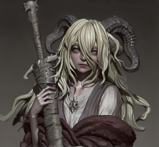 a close up of a statue of a woman with a goat's head, hyperdetailed fantasy character, by senior character artist, white horns queen demon, horned ram goddess, render of april, inspired by senior character artist, by senior environment artist, girl design lush horns, realistic anime, colored, best quality