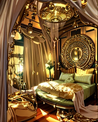 a close up of a bed with a round mirror above it, dreamy and detailed, dreamy atmosphere and drama, very magical and dreamy, beautiful dreamy lighting, dreamy lighting, beautiful and aesthetic, steampunk aesthetic, dreamy atmosphere, dreamy ethereal vibe, extremely opulent, fantasy aesthetic! , a sunny bedroom, ornate and elegant, dreamy aesthetic, ornate and detailed, golden hour sunlight