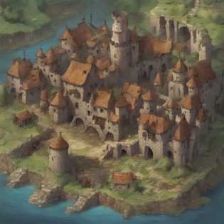 medieval town in ruins, intricate mechanism resembling a machine gun, fantasy RPG city style, close-up angle

(best quality, 4k, highres, masterpiece:1.2), ultra-detailed, realistic:1.37

painted illustration, aged canvas texture, rich colors, dramatic lighting

cobblestone streets with overgrown flora, dilapidated buildings with crumbling walls and broken windows

(majestic castle:1.1) on a hill overlooking the town, with towering turrets and a drawbridge

a busy market square with merchants selling magical artifacts and exotic goods, surrounded by medieval architecture

a group of adventurers gathered around a map, planning their next quest, with diverse clothing and weapons

smoke rising from the ruined buildings, hinting at recent turmoil and conflict

(battle-damaged:0.9) stone walls and scattered debris, portraying the aftermath of a fierce battle

intricate engravings and ornate decorations adorning the mechanical weapon, showcasing its fantastical nature

the mechanism's gears and cogs in detailed view, revealing its complex inner workings

(mythical creatures:1.1) roaming the streets, such as dragons flying overhead or elves blending into the shadows

a sense of mystery and adventure, with hidden nooks and crannies inviting exploration

Overall, the scene depicts a small medieval town ravaged by destruction, with a prominent mechanism resembling a machine gun as the centerpiece. The artwork exudes a fantasy RPG vibe, with close-up angles capturing the intricate details of the environment. The high-quality image showcases realistic textures and colors, while the lighting adds a dramatic flair to the scene. The town features dilapidated buildings, overgrown flora, and a majestic castle overlooking the chaos. The market square offers a glimpse into the town's diverse inhabitants and the adventurers preparing for their next quest. The artwork incorporates elements of fantasy, such as mythological creatures, to enhance the sense of wonder and adventure.