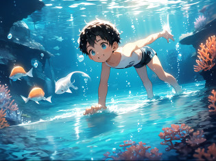 Shota?black color hair?toddlers?Blue eyes? Q version? lovly? to stand? Master masterpieces? high resolucion?8K?detailedbackground?hightquality?Libido boy????swimshorts?Happy expression??close-ups?erectile nipple?deep ocean,((((At the bottom of the sea? In the sea? playing in water? swimmning? dive?afloat))))? ???fishes