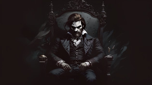 um close up de uma pessoa sentada em uma cadeira com um fundo escuro, in style the seated demon, arte de terror elegante, vampiro vitoriano, vampiro vitoriano elegante, Com sobretudo preto, De terno e gravata, brad pitt, Lee Bermejo, arte de terror 4k detalhada, Conde de Monte Cristo, O Homem de Areia da Graphic Novel, Iconic character of high detail, HQ 4K papel de parede do telefone, dramatic artwork, um homem vampiro