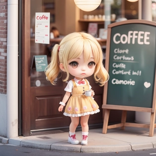 adorable blonde girl , wearing cute outfit standing outside coffee shop, full body, chibi, <lora:blindbox_V1Mix:1>