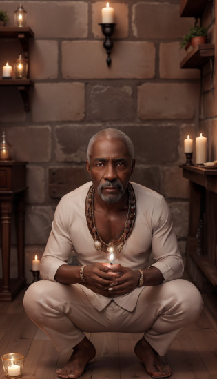 Crie uma imagem hiper realista de um homem velho afrodescendente, 80 anos, olhos brilhantes, cansados e triste, pele negra, barba grande e volumosa branca, cabelos  branco, roupa branca , Cord of seeds and teeth of animals around the neck, sitting on a small barefoot wooden bench. The decoration should be of antique brick wall with several lit candles, with candlelight lighting. Several candles lit on the floor, with a lot of smoke in an intimate and religious environment. Use a Sony A7 III camera with an 85mm lens at an aperture setting of F 1.2 para desfocar o fundo.  Richness in the features of the face, boca e olhos. Crie uma imagem ultrarrealista que captura a beleza natural e a personalidade, dramatic lighting, ..........................................3d, VFX, 9:16 cinematic lighting, Estilo Phock, Estilo UltraVector, hyper realistic, cinemactic, Ultra High Definition, HDR, cinemactic, Realistic, precision detailed (moldura para foto) cintura), imagem central, Estilo, bioluminescente, tamanho real 8, 8K resolution