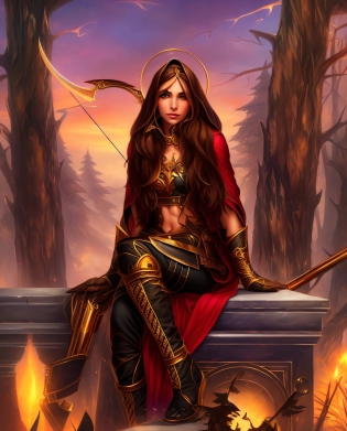 there is a woman sitting on a ledge with a bow and arrow, dark fantasy style art, graphic artist magali villeneuve, 4k fantasy art, fantasy style art, tyler edlin fantasy art, epic fantasy style art, fantasy art style, in style of dark fantasy art, magali villeneuve', fantasy genre portrait, inspired by Magali Villeneuve