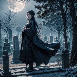 ?masterpiece, best quality?8k, ultra highres?On a dark and gloomy night?Shrouded in a thick fog?The moonlight shone faintly through the clouds?A silent cemetery comes into view?The tombstones are covered with a thin mist?It was as if countless ghosts were awakening?On the night of this Mid-Metaverse?An aura of mystery pervades the cemetery?

In the corner of the cemetery?An ancient dead tree stands proudly?Its branches are twisted and messy?An arm that looks like a huge net stretches out into the sky?Exudes a mysterious dark aura?Subtle lights spill on the ground through gaps in the branches?Cast all kinds of bizarre shapes?

sudden?A cold wind howled?Blowing candles nearby?Let them shine erratically?With the cold wind blowing?The ghosts in the cemetery have been revealed?They wear ancient robes?The face is eerie?Through the faint moonlight?It can be seen that their faces seem to freeze with a kind of pain and sorrow that cannot be let go?

One of the ghosts?A beautiful and haggard woman?Stand quietly in front of a tombstone?Her eyes were deep and melancholy?It reveals the remembrance of life and endless longing?Her long hair danced in the wind?Silver glow in the night?It seems to echo the moon? --auto