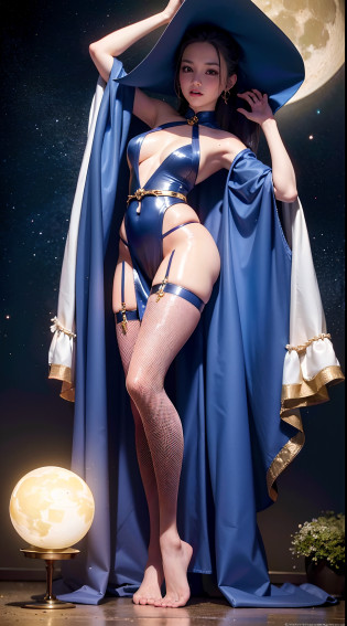 Top image quality?tmasterpiece?in style of norman rockwell?Lunar surface?beautiful fair-skinned girl?drenched all over the body?The clothes were all wet?Get wet with water?Wearing flesh-colored wizard robes?The Witch?Broken clothes?The wizard's robe tightened his body?the space ??.?.?.?.?.?.?.?.?.?.?.?.?.?.?.?.3D?The clothes are flesh-colored?Beautiful little face?Perfect facial features?a small face?Light makeup?Black hair on braids?mediuml breasts?Big buttocks?Sit Pose?Full body like?Her hands were tied with ribbons?hangs in the air?No shoes?Girls wear only socks?There are no shoes on the feet?Barefoot?Sexy slender legs?Wearing thin flesh-colored silk pantyhose?Spread your legs high?The legs are spread to the sides?Stretch your legs high to the audience?the rule of thirds?Ultra-wide angle low angle