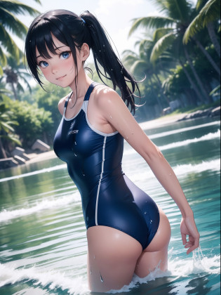 masutepiece, Best Quality, hyper detailed illustration?beautiful artwork?(Extreme Detail CG Unity 8K wallpaper??masterpiece?top-quality)?(exquisite lighting and shadow?highly dramatic picture?cinematic lens effects)?Illustration of cute girl in blue swimsuit on dock, 1girl in, Swimsuit, Ass, Solo, Water, Black hair, onepiece swimsuit, Looking at Viewer, Smile, (poneyTail), (dark blue school swimsuit), (Plain School Swimwear)?Outdoors, (Beach)? breasts, Long hair, (Dark Blue School Swimwear:1.2), Bangs, Closed mouth, Blue one-piece swimsuit, Bare shoulders, day?(Wet)?(Water splash)?walking on water?(bending forward)?