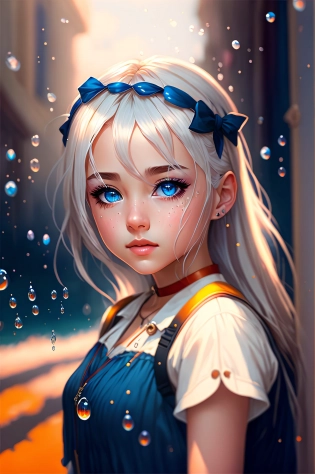 A beautiful young 15 year old princess with light skin. She has long white hair and white eyebrows. She wears a dark blue dress. She has dark blue eyes and water droplets shaped pupils. , Anime style photo, Manga style, Digital art, glow effects, Hand drawn, render, 8k, octane render, cinema 4d, blender, dark, atmospheric 4k ultra detailed, cinematic sensual, Sharp focus, humorous illustration, hyperrealistic, big depth of field, Masterpiece, colors, 3d octane render, concept art, trending on artstation, hyperrealistic, Vivid colors, modelshoot style, (extremely detailed CG unity 8k wallpaper), professional majestic oil painting by Ed Blinkey, Atey Ghailan, Studio Ghibli, by Jeremy Mann, Greg Manchess, Antonio Moro, trending on ArtStation, trending on CGSociety, Intricate, High Detail, Sharp focus, dramatic, photorealistic painting art by midjourney and greg rutkowskiModel: VinteProtogenMix