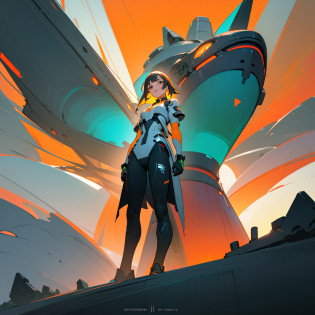 Hay una mujer vestida , olor rojo indio, color blanco, color negro, Neon yellow gray colors, con fondo blanco neon, blue neon, orange neon, , ultramoderna, standing next to an ultra-modern futuristic ship, objeto gigante, Bajo detalle. Pintura digital, WLOP y Krenz Cushart, cybernetic legs, inspirado por Craig Mullins, pies sensuales, pantorrillas contorneadas e ilustradas,  Awesome Digital Illustration, inspirado por Krenz Cushart, CGsociety 9, concept art digital illustration, Pintura digital retrofuturista, inspirado por Mike Winkelmann, en el fondo un ambiente futurista de un paisaje moderno colorido.  pattern, 2k, 2d, junquillo, Color rojo indio, color blanco, color negro, Neon yellow gray colors, con fondo blanco neon, blue neon, orange neon, red neon, pink neon, verde neon yellow neon, black, grey neon. --auto