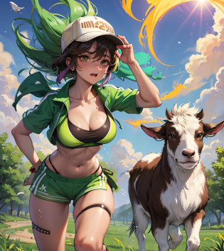 1 girl, brown skin, traces burned by the sun, purple mixed with green mixed color short hair, big breasts, sloshing chest, Xinjiang grassland, 2 goats strolling on the side, running, sporty, sweaty, real person, dynamic pose, --auto --s2