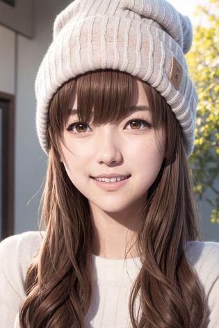 (best quality), (masterpiece), shouko_nishimiya, brown hair, long hair, brown eyes, sweater, beanie, looking at viewer, smiling, blushing, park, winter,  <lora:shouko_nishimiya_v3:1>