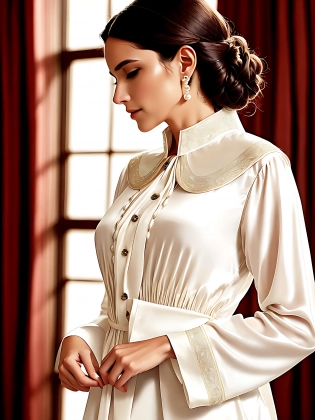 The woman's blouse is a soft, ivory silk that drapes elegantly over her frame. It has a high collar that frames her face beautifully, and the cuffs are adorned with delicate pearl buttons that add a touch of femininity to the overall look.