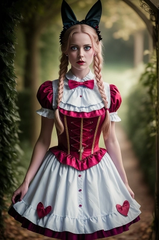 gorgeous female dressed as evil alice in wonderland, 30 years old, scary, creepy, looking at viewer, angry, bloody, photography, detailed skin, realistic, photo-realistic, 8k, highly detailed, full length frame, High detail RAW color art, diffused soft lighting, shallow depth of field, sharp focus, hyperrealism, cinematic lighting