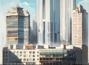Drawings of high-rise buildings? Architectural illustration, elevation view, front and side elevation, full - view, full building, mid view, up front view, view from ground, up front view, building facing, architectural section, full - length view, full - length view, cinematic architectural scale?shopping mall?