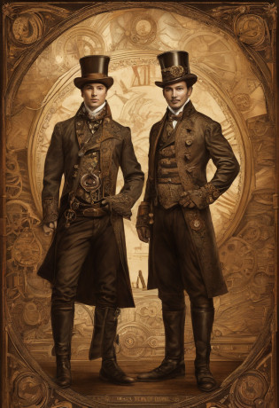 estilo de fantasia steampunk, arte steampunk, arte digital steampunk, casal gay, dois homens chineses, jovens, se beijando apaixonados