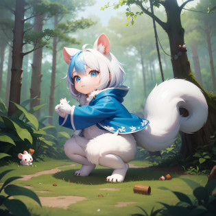 There is a small bear with an acorn in his hand,  There are also white squirrels?There are also fawns?Chibichara?A cute girl with blue hair is also with me?It is a cute white and blue costume?Dark eyes?cute forest creature, Adorable Digital Painting, cute detailed digital art, the squirrel king, Cute digital art, cute cartoon characters, cute character, CuteCreatures, Cutie, official illustrations, Official art, squirrel, maplestory mouse, astri lohne,  cute 3d render