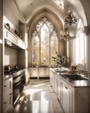 arafed arched window in a kitchen with a sink and stove, bright window lit kitchen, polish mansion kitchen, ornate and detailed, exquisite architecture, immaculately detailed, mix with rivendell architecture, luxury bespoke kitchen design, atmospheric beautiful details, ornate and flowing, inside an epic gothic castle, stunning light coming through, beautiful interior, gothic revival