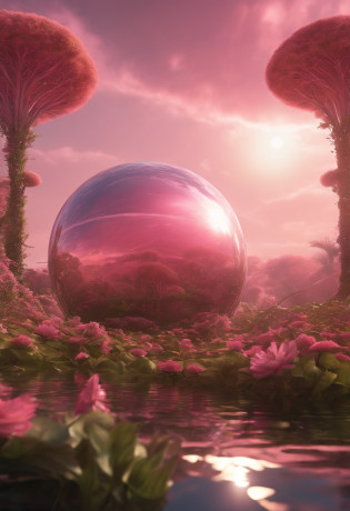 (((masterpiece))) (((best quality))) glass sphere, close-up of a planet with a bunch of futuristic mechanical trees on it, overgrown planet, pink planet, fractal world, fantasy overgrown world, fantasy planet, Dyson sphere, pink planet, 3D render beeple, planetary landscape, round planet inspired by Jofra Bosschart, planet, futuristic world, psychedelic flower planets, ethereal world, (outgoing glow)