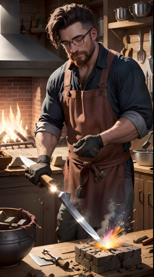 A blacksmith making a knife on an anvil,hittng hammer, (anvil:1.2), blacksmith, sparks, caustics, vibrant colors