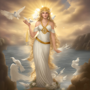 arafed image of a woman in a white dress holding a bird, aphrodite goddess of love, goddess of greek mythology, goddess of love and peace, venus goddess, goddess of light, the goddess hestia, earth goddess mythology, beautiful goddess, greek goddess, divine goddess, goddess of wisdom, greek goddess athena, goddess art, goddess of the sun