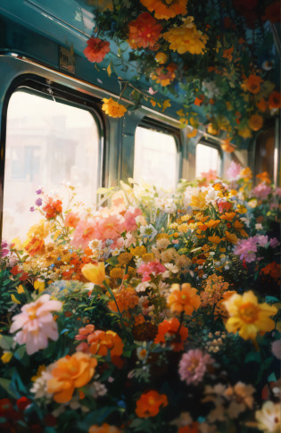 There are a lot of flowers on the windows of the bus, nature and floral aesthetics, Full of flowers, an aesthetic field of flowers, Lots of flowers, there's flowers everywhere, Flowers everywhere, Beautiful flowers, floral environment, Overgrown with flowers, beautiful  flowers, flowers sea everywhere, Lush flora, taken with kodak portra, Magical flowers, Flowers!!!!, covered with flowers