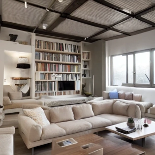 high resolution photography interior design, dreamy sunken living room conversation pit, wooden floor, small windows opening onto the garden, bauhaus furniture and decoration, high ceiling, beige blue salmon pastel palette, interior design magazine, cozy atmosphere
