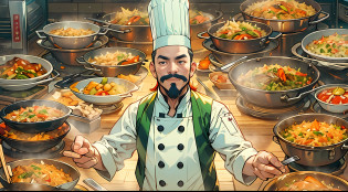 In a live broadcast room?A chef dressed as a chef stands in front of the kitchen?Hold a shining wok in hand?On top stir-fried a mouth-watering Supreme Emperor fried rice?Surrounded by a bustling crowd, They were all attracted by the fried rice in his hand, 32K, Best quality, Masterpiece, Super detail, High details