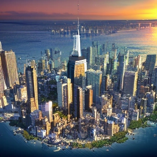 aerial view of a giant fish tank shaped like a tower in the middle of new york city, 8k octane render, photorealistic, sunset, colorful fishes --version 3 --quality 2 --w 1024 --h 2304