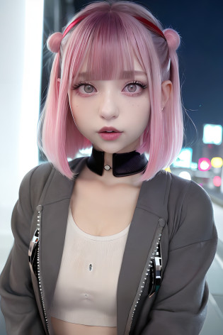 Photorealsitic, hight resolution, Heterochromia eyes, small moles under eyes?bob cuts?Blunt bangs?Lucy\(cyberpunked\), 1girl in, hair scrunchie, hime-cut, silber hair, Color Chip, fullmoon, grey  eyes, jaket, long-sleeve, (Look at viewers), Medium Hair, O cabelo multicolorido, Bangs parting, cparted lips, A pink-haired, Red Eyeliner, red-lips, ??, White jacket, cyberpunked\(Series\), Rainy night in cyberpunk city with glowing neon lights,frombelow, yes?all-fours?Huza