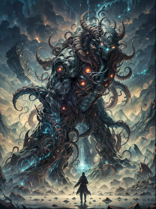 best image quality, masterpiece, super high resolution, BREAK Picture an unfathomable horror, an outer god of the Cthulhu mythos that defies description and comprehension. Its form is a writhing mass of tentacles and tendrils, constantly shifting and undulating in a grotesque dance. BREAK Its many eyes are cold and unfeeling, as if gazing upon the world from an alien perspective. The creature towers over everything in its path, dwarfing mountains and cities alike as it strides through the cosmos. BREAK Its skin is slick and slimy, with strange runes etched into the surface that pulse with an eldritch energy. The very air around the outer god shimmers with power, distorted by its mere presence. BREAK It emits a sound that is not quite a roar, not quite a scream, but something altogether more sinister and unsettling. This is a being that is beyond mortal comprehension, a creature from the void that defies all attempts at rationalization or understanding. BREAK The image of this outer god is a testament to the dark and terrifying depths of the human imagination.