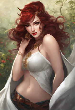 Create an image of a character named Vermillion with the following details:

- Appearance: Minerva has an enigmatic but playful and teasing presence. She possesses a unique blend of strength and mystery.
- Eyes: Her eyes are deep pools of emeralds.
- Hair: Her hair is a rich shade of crimson, cascading in graceful waves around her. It contrasts vividly with her pale skin, adding warmth to her overall appearance. Twin pitch black demon horns sprout from the back of her head and point upwards.
- Ethnicity: She has an American/Asian-inspired appearance, featuring delicately sculpted features that convey an otherworldly and mysterious beauty.
- Outfit: Vermillion wears a tight brown T-Shirt, and tight blue jeans that hug her curves.
- Note: Vermillion is an ethereal spirit and does not completely inhabit the physical realm.

Please create an image that captures Vermillion's essence and embodying her unique appearance. The image should reflect her enigmatic and powerful persona, but also have her give a teasing smile; highlighting her eyes, hair, and the interplay of colors between the black, red, and brown elements.