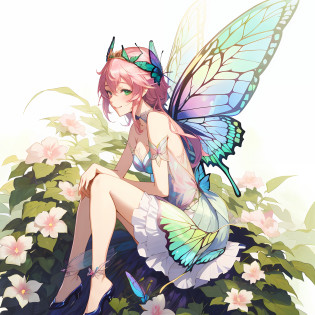 Anime girl with butterfly wings sitting on a flower bush, beautiful fairies, Cute Girl Leprechaun, smiling as a queen of fairies, portrait of fairy, with beautiful wings, faerie, beautiful fantasy anime, beautiful fairies, guweiz, queen of the fairies, beautiful fairies, guweiz on pixiv artstation, portrait of fairy