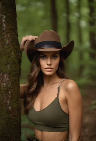 Arafed woman in suitable naked visible breasts naked , Kukami keeps hair and panties small, Sexy girl with brown eyes, Portrait of Kaia Gerber , brown hair and large eyes, selfie of a young woman, bedroom eyes, violet myers, no makeup, natural makeup, looking straight at camera, wearing hunting camouflage, hunting hat with camouflage, outdoorsy, republican, holding a beer, face with artgram, fine makeup, Stunning full-length shot, in the woods, cleavage