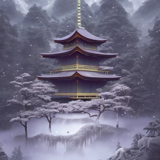 japanese style shrine on top of a misty mountain overgrown, snowy mountain, falling snow, inverted cloud inversion mist, purple and blue icy hues, hyper realistic, lush gnarly plants, 8 k, denoised, by greg rutkowski, tom bagshaw, james gurney cinematic lighting