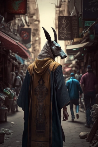 Anubis god walking in the streets of cairo with actual people around him cinematic, ultraphotorealistic, HDR, 8k, --ar 9:16