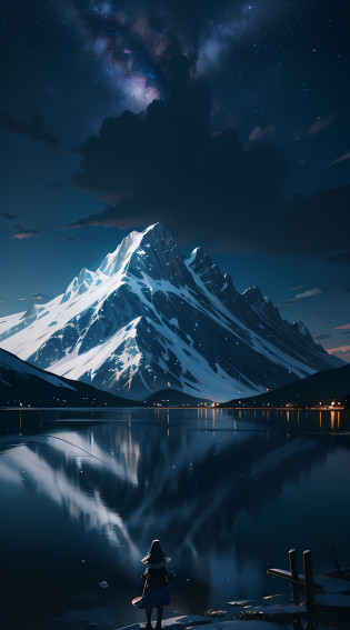 starry night sky with a mountain and a lake, by jessica rossier, inspired by jessica rossier, jessica rossier fantasy art, concept art magical highlight, official artwork, painting of a dreamscape, ethereal realm, atmospheric artwork, dreamy matte painting, tranquility of the endless stars, inspired by Ted Nasmith, moonlit starry sky environment, epic music album cover