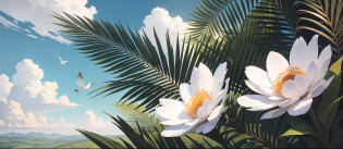 uma paisagem de montanhas, matas e campos. blue sky with few clouds. birds, flores, Petals, animais e polem pelo ambiente. monocromatic, preto e branco, fundo branco, artistic line, pencil drawing, sketch, black ballpoint pen style