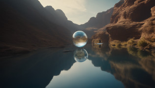 A quiet canyon?There is a wide river in the center?Above the canyon?Several futuristic style drones fly in the air?A transparent crystal ball floats in the middle of the river?The inside is filled with blue liquid?An alien spaceship is docked at the edge of the canyon?Several blue aliens communicate with humans?In the sky in the distance?Several planets of different colors can be seen?