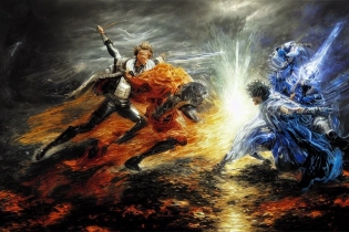 A 3D 4k oil painting of Beethoven vs Haydn having a tense epic fight with swords and wearing magical detailed dark metallic armours inside a battle ring in the innermost part of a volcano, the dark knight film ambience, ultra realistic, Albert Goodwin style, detailed, Andrew Atroshenko style, Bob Byerley style, colourful, fantasy, action scene, good composition,